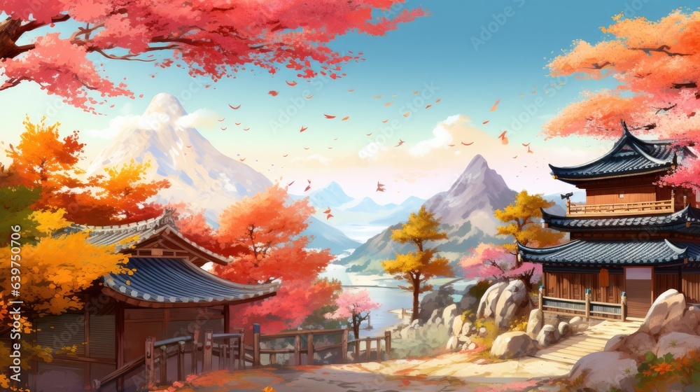 Autumn landscape with trees, mountains, fields, leaves. Asian village landscape, Generative AI