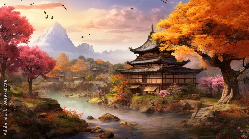Fototapeta premium Autumn landscape with trees, mountains, fields, leaves. Asian village landscape, Generative AI