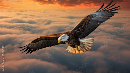 photo of Bald eagle flying above the clouds at sunset © JKLoma