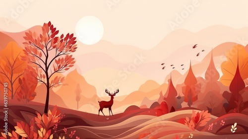 Autumn landscape background with trees, mountains, fields, leaves for web banner, design template. Generative AI