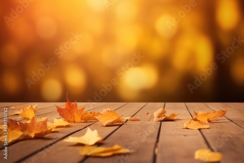 Autumn maple leaves on wooden table, falling leaves natural background for web banner, design template. Generative AI