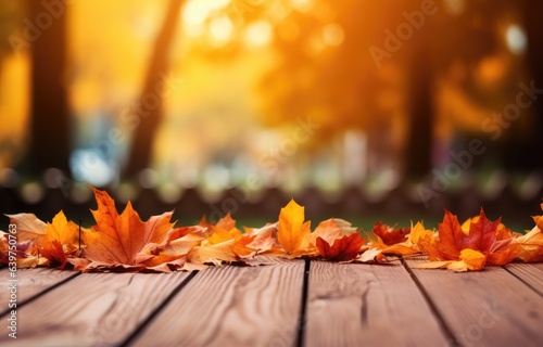 Autumn maple leaves on wooden table, falling leaves natural background for web banner, design template. Generative AI