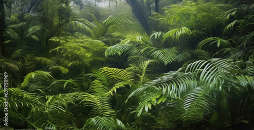 Illustration of tropical fern bushes background lush green foliage in the rain forest with nature plant tree.