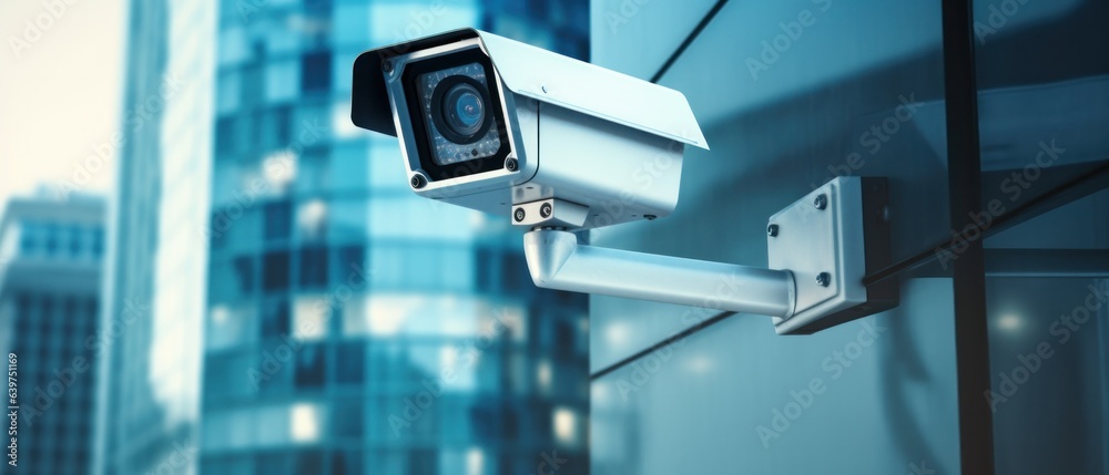 IP CCTV camera on modern building, security system concept Generative AI IP CCTV camera on modern building, security system concept Generative AI