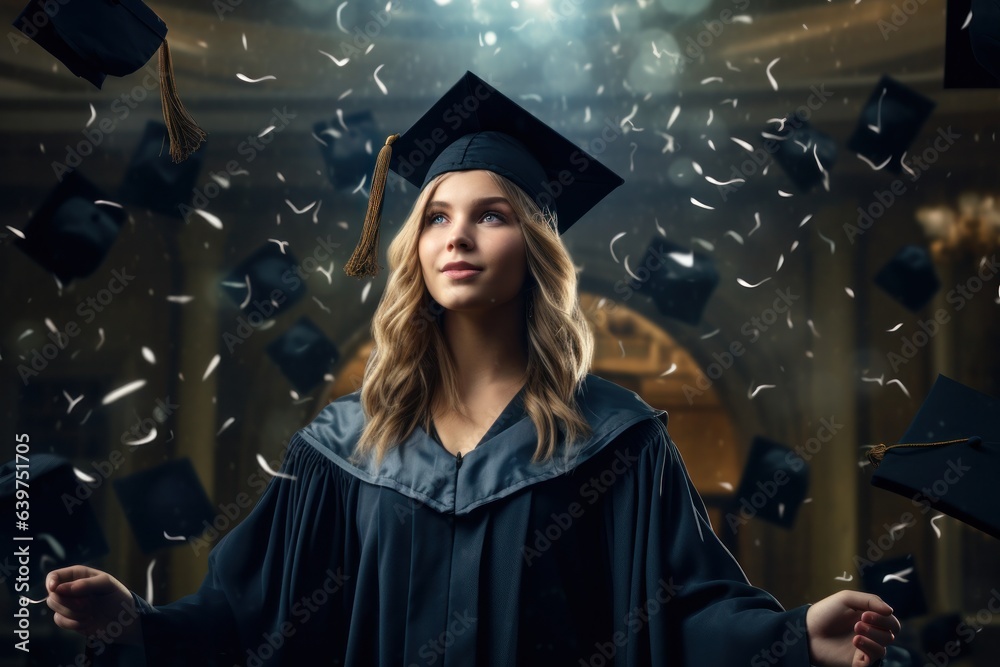 Obraz premium Illustration of graduation concept education congratulation. Graduation Ceremony ,Congratulated the graduates in University, Generative AI