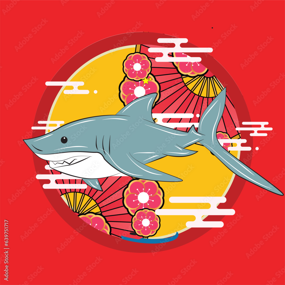 Naklejka premium shark with japanese background, logo, icon