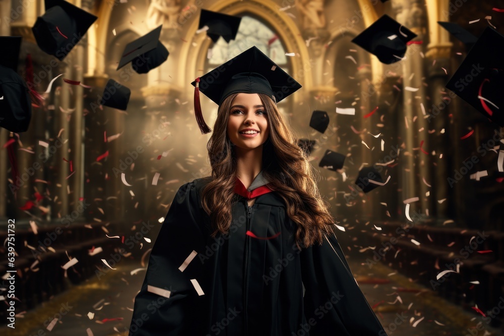 Obraz premium Illustration of graduation concept education congratulation. Graduation Ceremony ,Congratulated the graduates in University, Generative AI