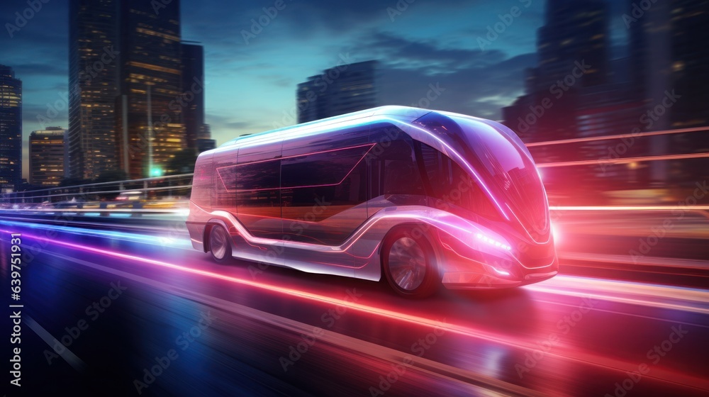Futuristic Self-Driving Van Moving on a Public Highway in a Modern City, Generative AI