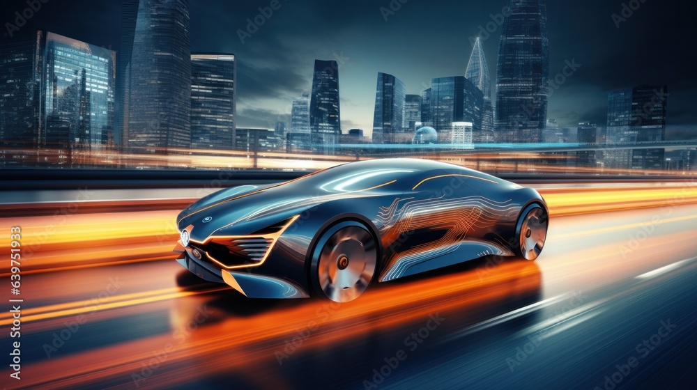 Obraz premium Futuristic Self-Driving Van Moving on a Public Highway in a Modern City, Generative AI