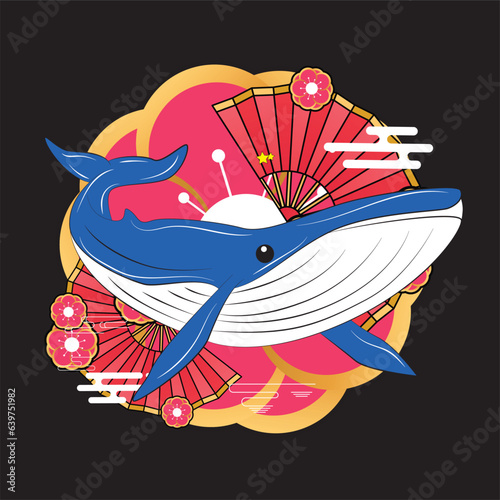 blue whale with japanese style background illustration, logo