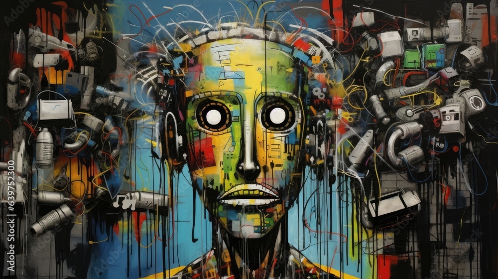 Illustration of urban street art painting on wall graffiti , robot and city Illustration of urban street art painting on wall graffiti , robot and city