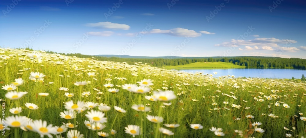 Background of landscape summer spring flowers green grass field agains blue sky, Generative AI