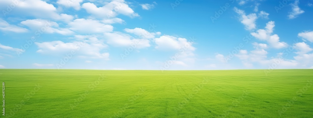 Green grass field agains the blue cloud sky, Generative AI