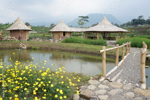 outdoor buildingoutdoor hallhut with bamboo raw materials photo