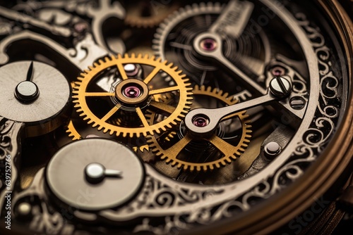 Closeup of retro mechanical old clockwork macro shots, Generative AI