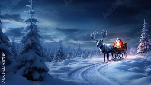Illustration of Santa Claus get a move to ride on their reindeer sleigh flying over Christmas fairy forest.