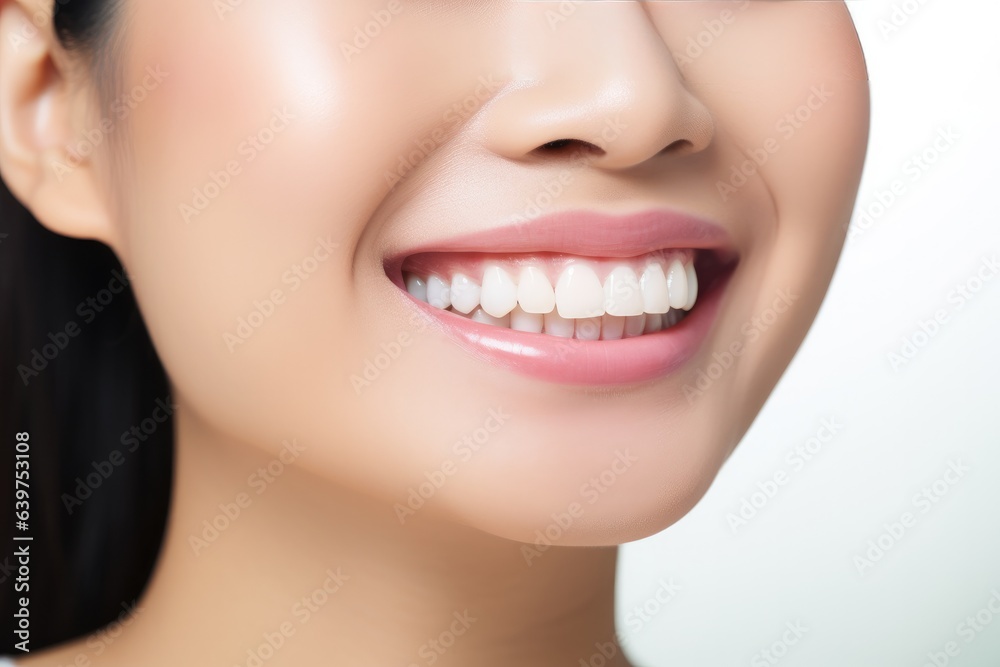 Obraz premium Beautiful female smile after teeth whitening procedure, Generative AI