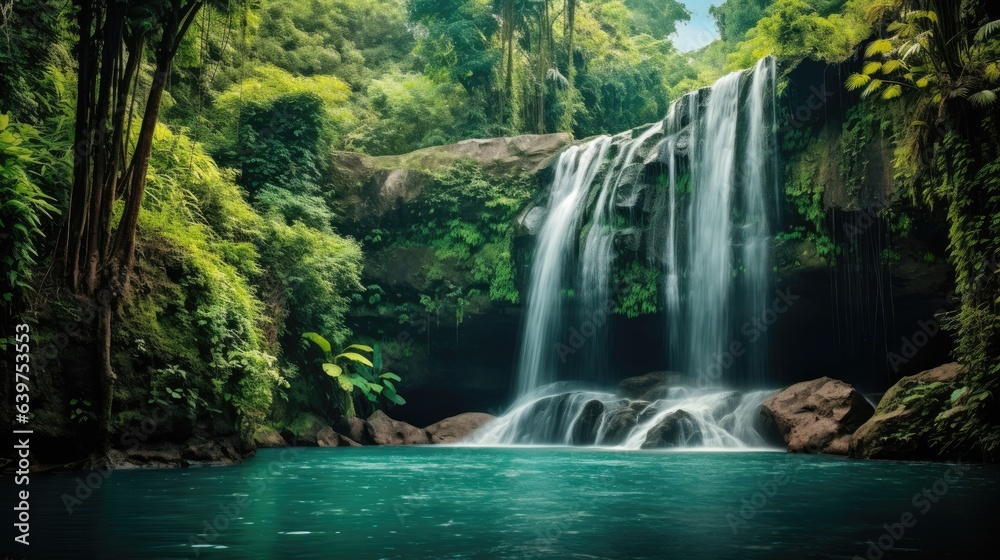 Obraz premium Waterfall in autumn forest background, Generative AI