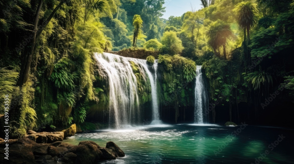 Waterfall in autumn forest background, Generative AI