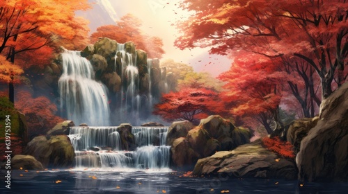 Waterfall in autumn forest background  Generative AI