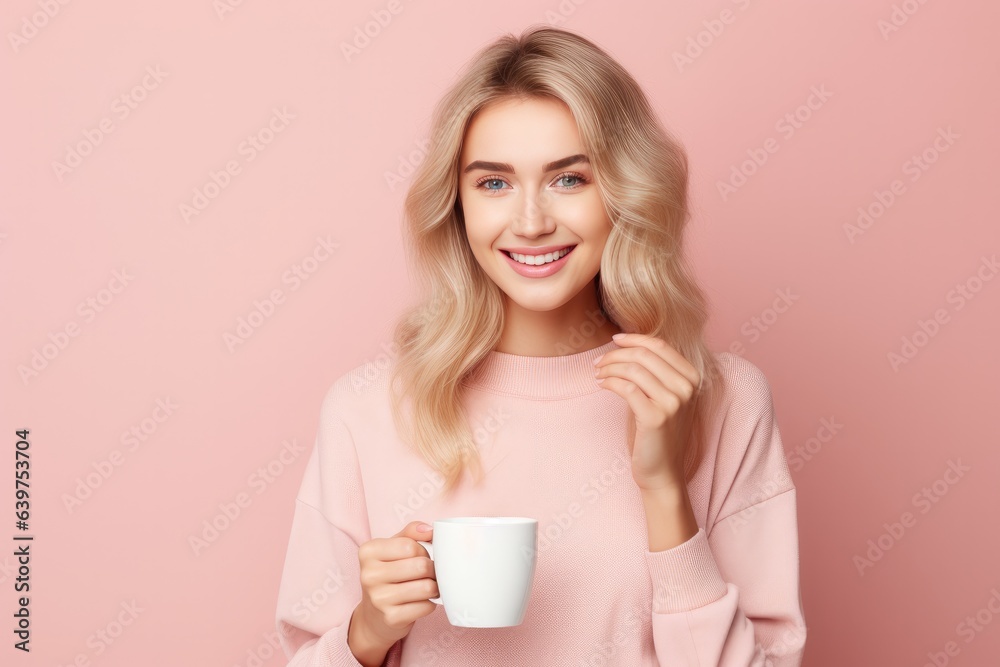 Closeup portrait of smile yong woman portrait with an coffee cup in studio over pastel background, Generative AI Closeup portrait of smile yong woman portrait with an coffee cup in studio over pastel background, Generative AI