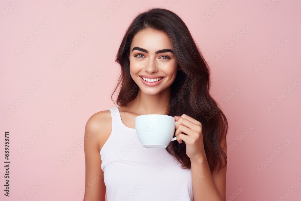 Closeup portrait of smile yong woman portrait with an coffee cup in studio over pastel background, Generative AI Closeup portrait of smile yong woman portrait with an coffee cup in studio over pastel background, Generative AI