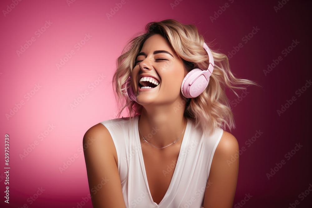Young woman with headset enjoy music isolated over pastel background, Generative AI Young woman with headset enjoy music isolated over pastel background, Generative AI