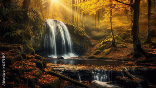 photo of Waterfall in the autumn with ray light, Landscape generative ai