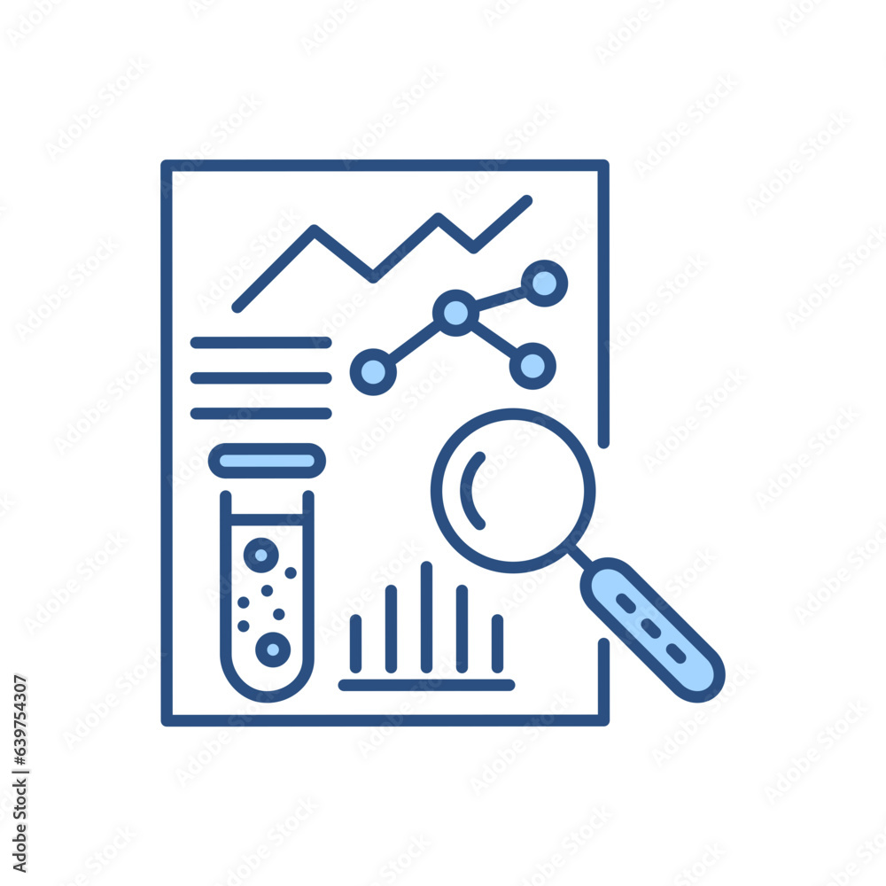 Medical analytics Related Vector Icon. Research sheet with test bulb, graphs and a magnifying glass. Research sign Isolated on White Background. Vector Illustration Medical analytics Related Vector Icon. Research sheet with test bulb, graphs and a magnifying glass. Research sign Isolated on White Background. Vector Illustration