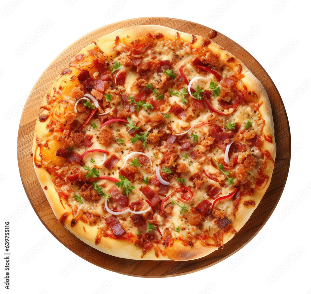 Pizza with bacon on wooden board isolated on white background, top view