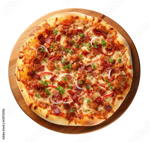 Pizza with bacon on wooden board isolated on white background, top view