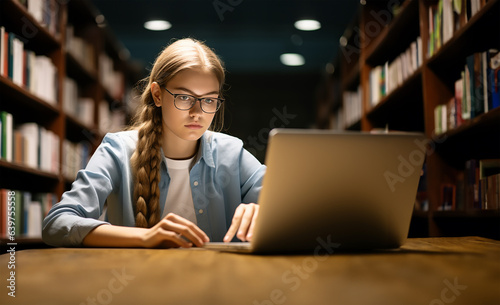 A young female student sitting comfortably in a school library