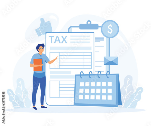 Taxation planning concept. Characters using tax calendar to filling tax declaration form online and with financial advice. flat vector modern illustration