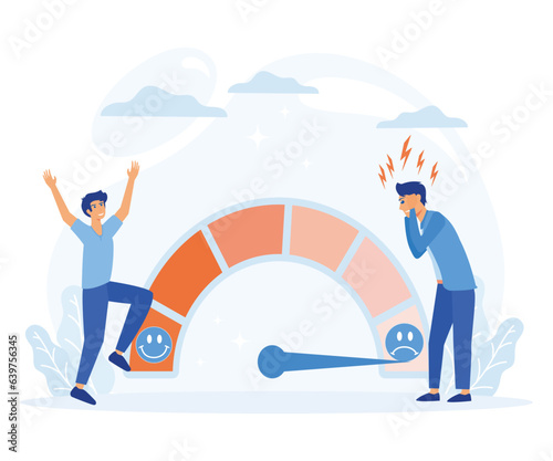 Stress level, mood scale. Man solves problems and reduces psychological pressure. flat vector modern illustration