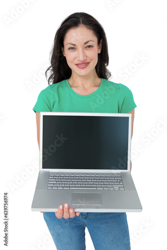 Digital png photo of caucasian woman with laptop on transparent background