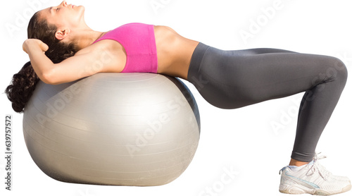 Digital png photo of caucasian woman exercising with ball on transparent background