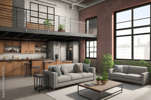 Industrial Style Loft Apartment with indoor balcony, 3d render