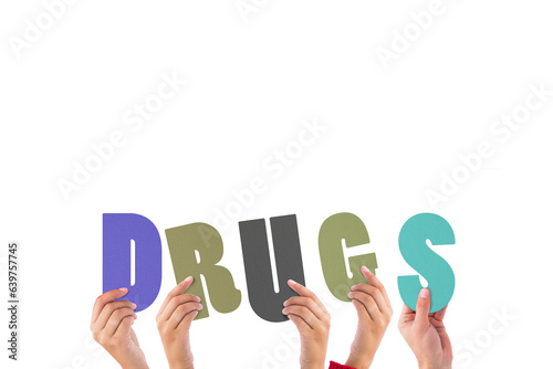 Digital png illustration of hands with drugs text on transparent background