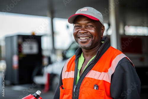  busy gas station, diligent employees assist customers with fueling their vehicles. Generated with AI