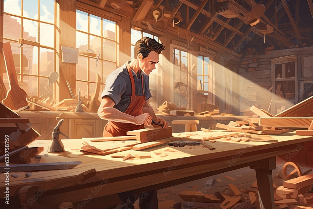 A skilled carpenter meticulously crafting a wooden masterpiece in their workshop, surrounded by tools, sawdust, and the aroma of freshly cut wood,Generated with AI A skilled carpenter meticulously crafting a wooden masterpiece in their workshop, surrounded by tools, sawdust, and the aroma of freshly cut wood,Generated with AI