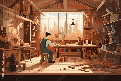 A skilled carpenter meticulously crafting a wooden masterpiece in their workshop, surrounded by tools, sawdust, and the aroma of freshly cut wood,Generated with AI