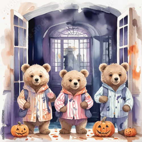 Three cute bears in a haunted house on Halloween night