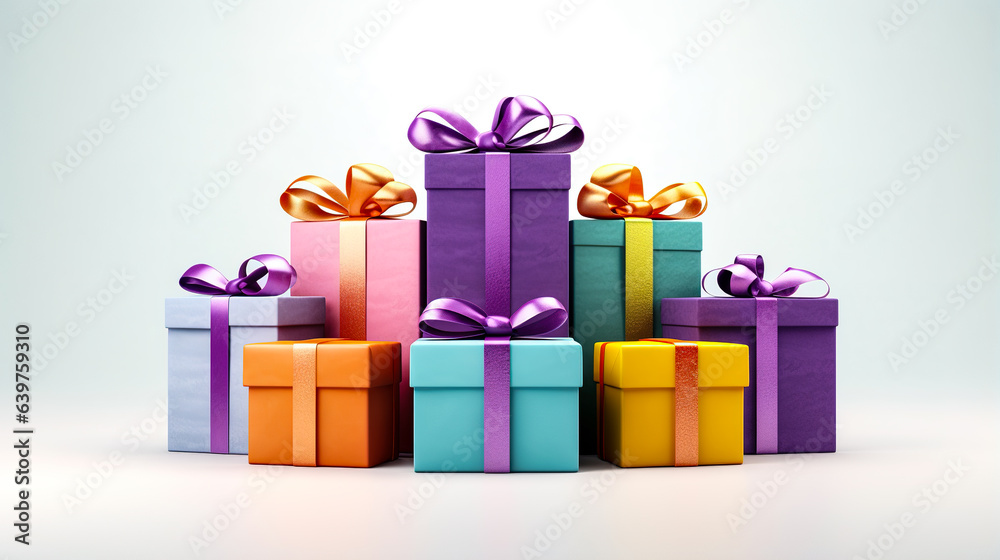 Many colorful gift boxes with ribbon bow isolated on white background. Digital illustration generative AI. Many colorful gift boxes with ribbon bow isolated on white background. Digital illustration generative AI.