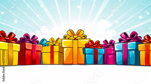 Many colorful gift boxes with ribbon bow in comic style. Digital illustration generative AI.