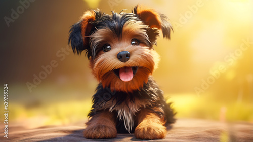 cute little baby yorkshire terrier puppy smiling in the backyard with sunstreaks. 3D render cartoon character. Digital illustration generative AI. photo