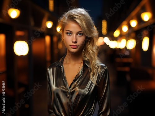 Beautiful and young blonde in evening dress in a nightclub