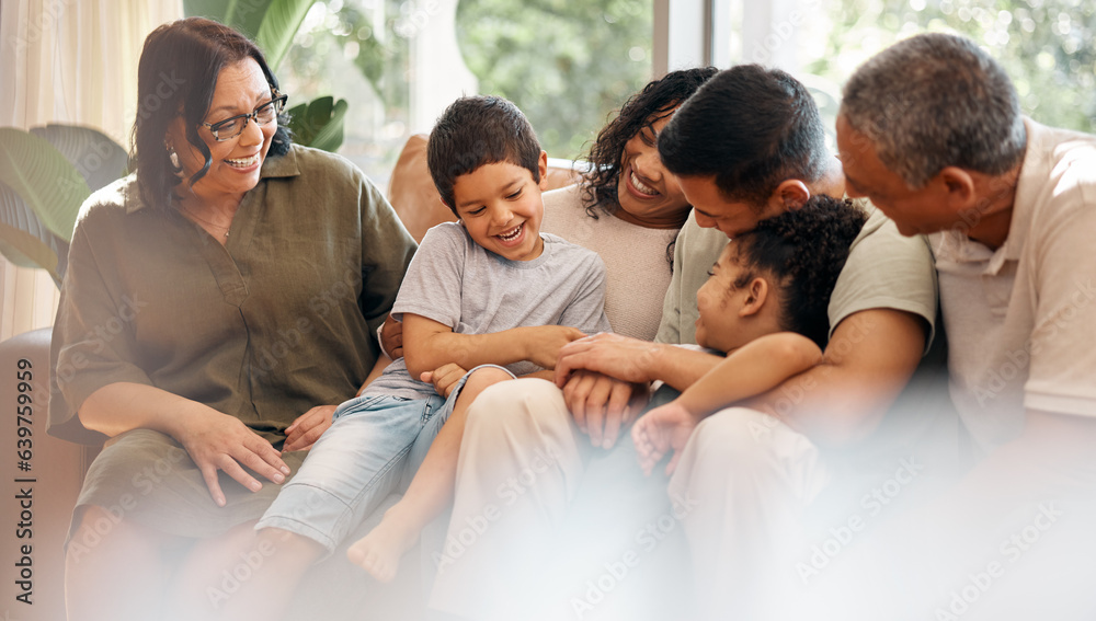 © Talia Mdlungu/peopleimages.com - Love, laugh and big family bond on sofa, relax and having fun in their home together. Smile, relax and children with parents, happy grandparents and playing in living room with care and support