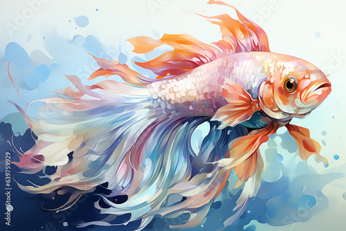 Watercolor goldfish with beautiful flowers for background