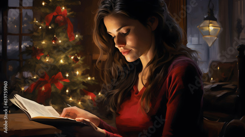 Happy woman reading a christmas greeting card