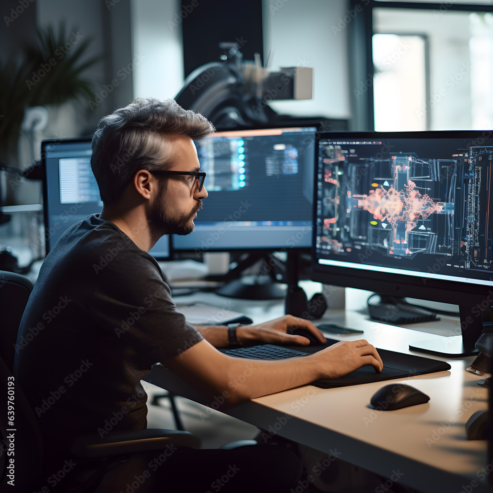 Male software designer sitting at his desk and talking